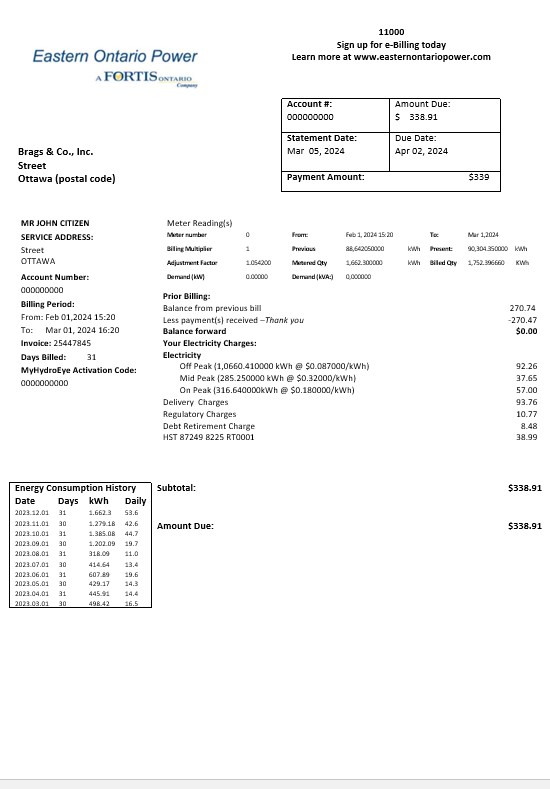 Canada Eastern Ontario Power business utility bill template in Word and pdf formats